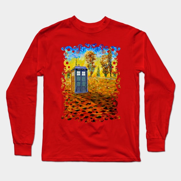 Blue Phone booth at Grass field Long Sleeve T-Shirt by Dezigner007